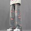 Printed Rose American Micro-horn Jeans Men's Autumn Loose High Street Vibe Trendy Brand New Straight Trousers