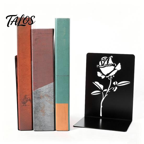 Compact Bookend 2PCS Metal Bookends, L-Shaped Reinforced Support Book Holder, with Non-Slip Large Capacity Holder Pads, Hollow Floral Design