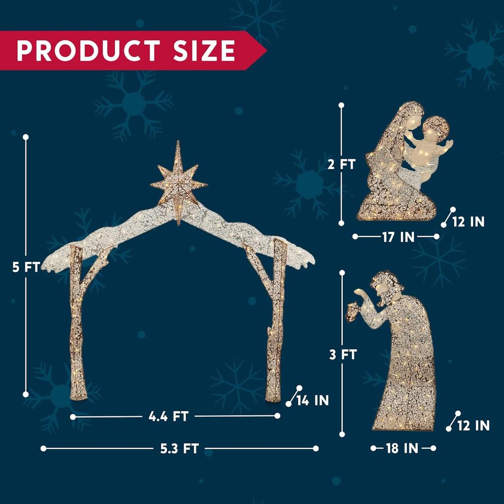 JOYFY 5FT Christmas Nativity Scene Yard Light 160 Pre-Lit LED Warm White Light with Metal Stake for Outdoor Garden Holiday Dcor