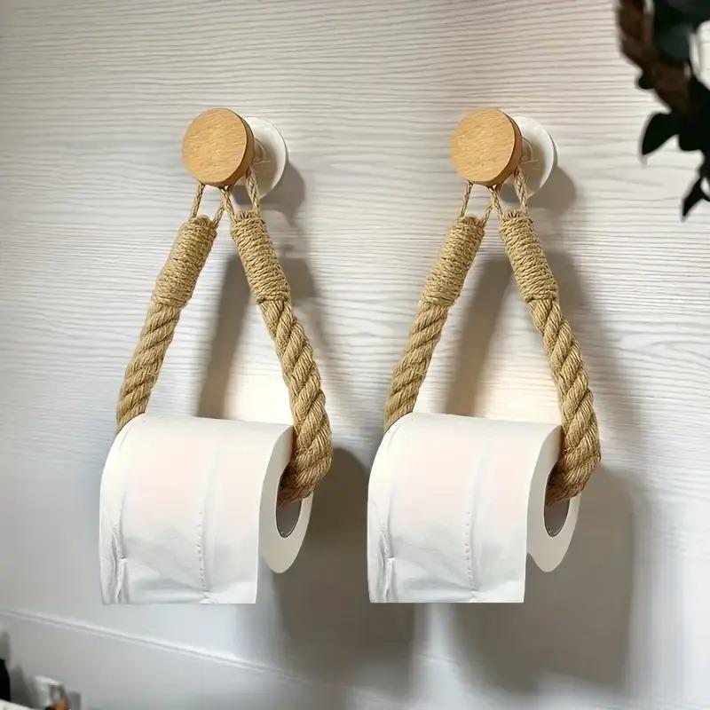 1-10PCS Rustic Rope Toilet Paper Holder No Drilling Adhesive Mounted Bathroom Storage Rack Towel Rack for Home and Hotel