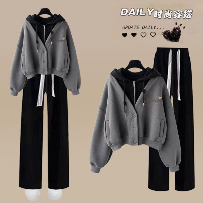 Women's 2 Piece Tracksuit Set Fake Two Piece Hooded Crop Sweatshirt & Elastic Waist Wide Leg Pants Loose Casual Spring Fall Matching Outfit