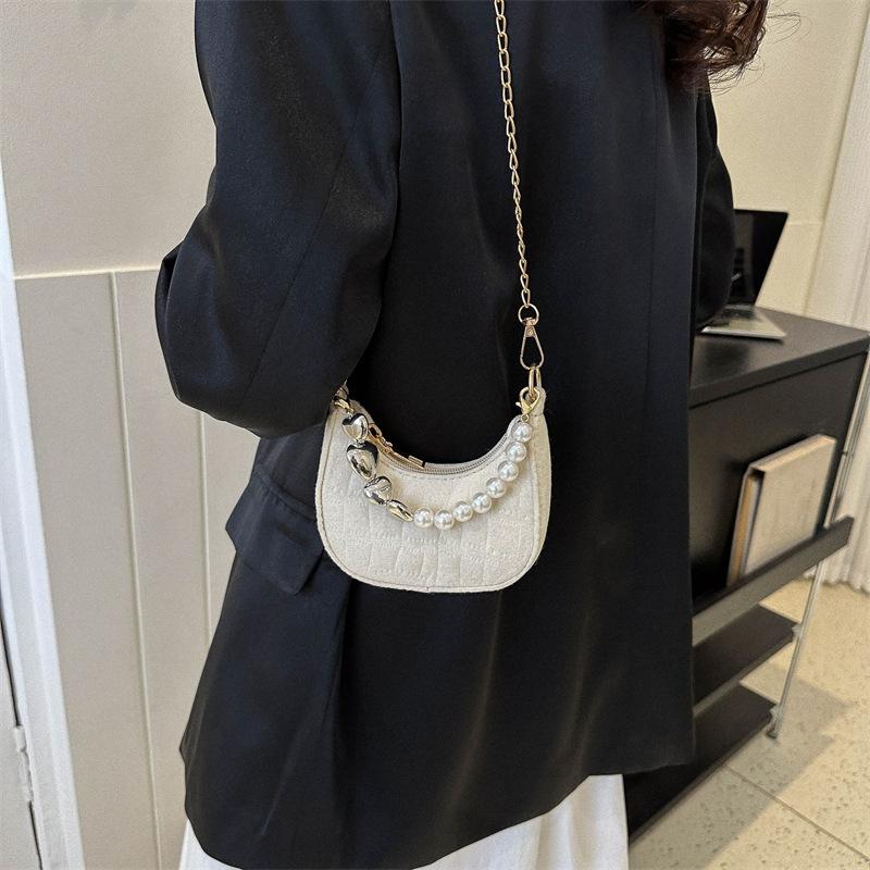 Trendy Solid Color Women's Mini Bags  Summer Temperament Fashion Chains Crossbody Pack Chic Pearl Handbag