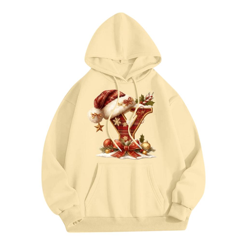 Women's Casual Comfortable Long-Sleeved Christmas Letter-Printed Warm Hooded Crew-Neck Sweatshirt