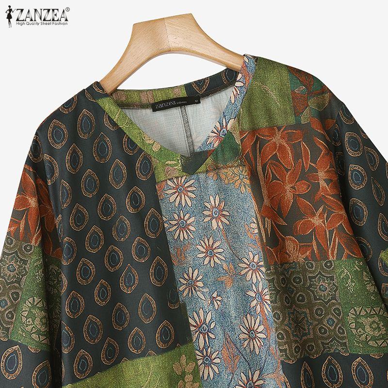 ZANZEA Blusa Casual de Verano para Mujer con Cuello Redondo y Manga Corta con Estampado Floral Retro