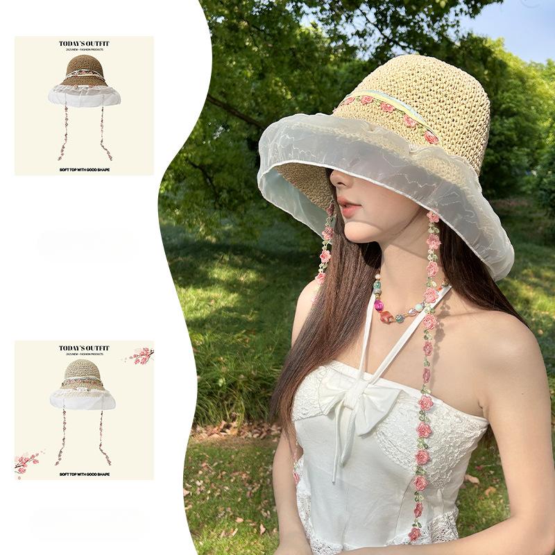 New Summer French Flower Lace Hollow Straw Hat Women's Beach Sun Protection Hat Knitted Sun Hat