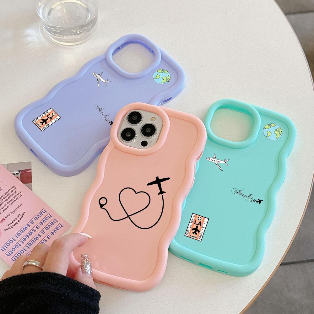 N68 Airplane Flight Trajectory Art Macaron Wavy Edge Phone Cases for iPhone 16 Pro Max Samsung S24 A35 A54 Xiaomi Redmi Note 13 Honor Shockproof Cover