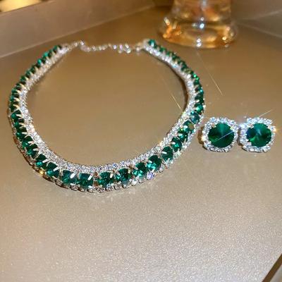 Luxus Halskette Ohrringe Sets Grün Kristall Halskette Frauen Hochzeiten Braut Schmuck Zubehör
