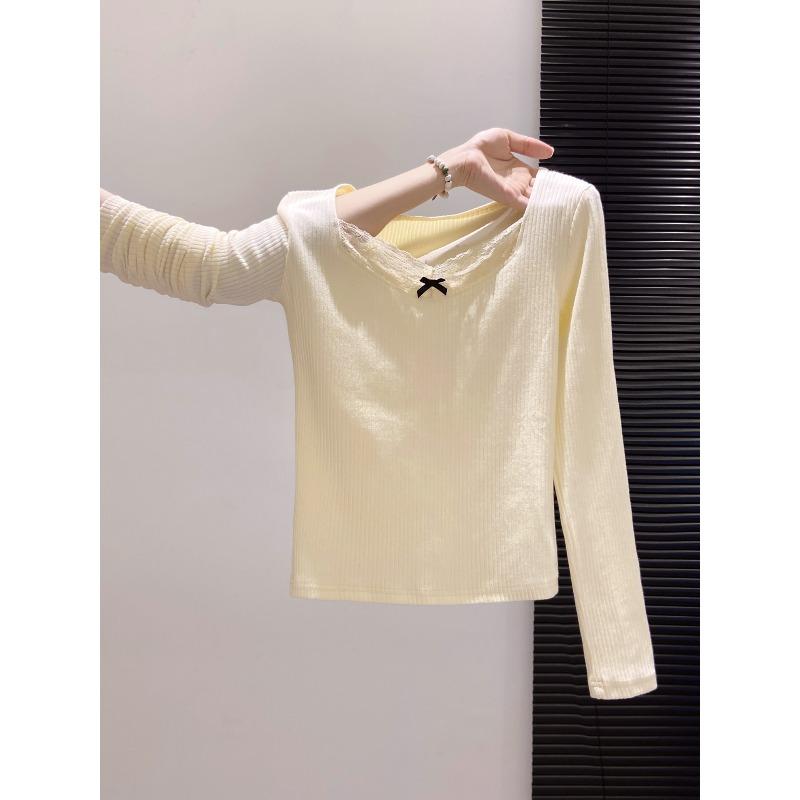 Square collar top Skinny Spice Girl inner bottoming shirt Autumn lace long-sleeved knitted shirt Women's sweater