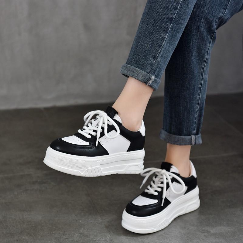 Johnature Genuine Leather Thick Sole Height Increasing White Shoes For Women Casual Flat Platform Shoes