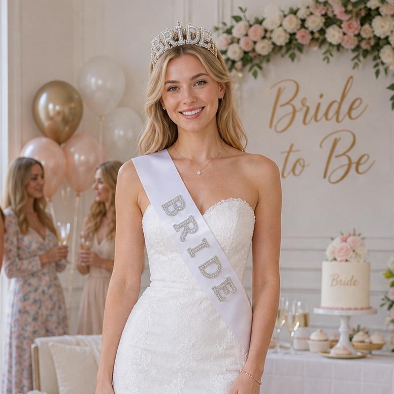 Pearl Lace Bridal Crown & Headband Set with Wavy Edge Sash and Shoulder Straps