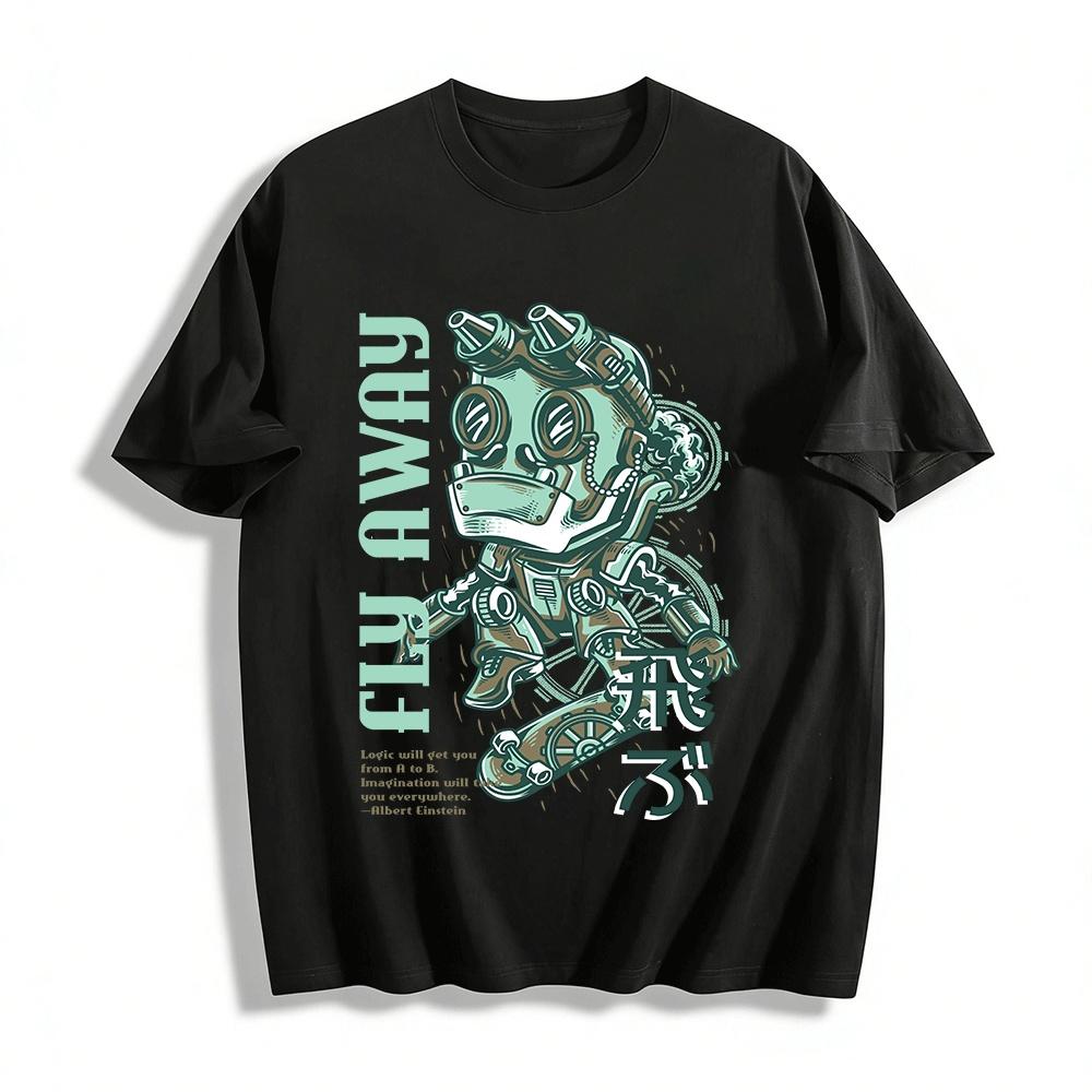 Steampunk Flying Robot Skateboard Graphic Print T-Shirt Pure cotton T-shirt XXS