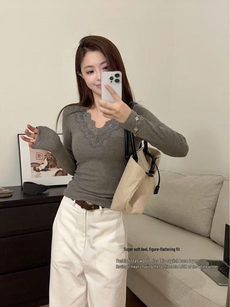 Feizi Ji Top col V avec bordure en dentelle et coussinets de bonnet fixes - Couche de base douce et respectueuse de la peau