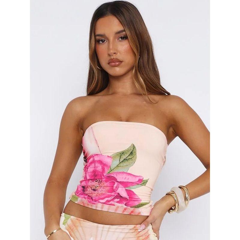 Seaside Holiday Style Flower Print Tube Top Top 2025 Summer New Gyaru Sexy Tight Navel T-shirt Tide