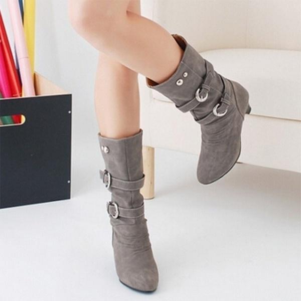 Women Fashion  Shoes Slope with Boots Leather Boots Belt Buckle Metal Boots