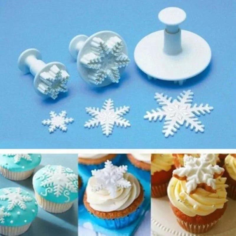 3Pcs/Set Plastic Cookies Tools Snowflake Cake Decorating Fondant Plunger Cutters Mold Mould Kitchen Bakeware Accesorios