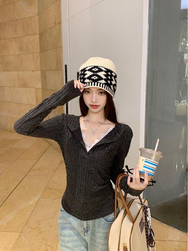 Gray Lace V-Neck Knit Top - Autumn/Winter Slim Fit Long Sleeve Base Layer