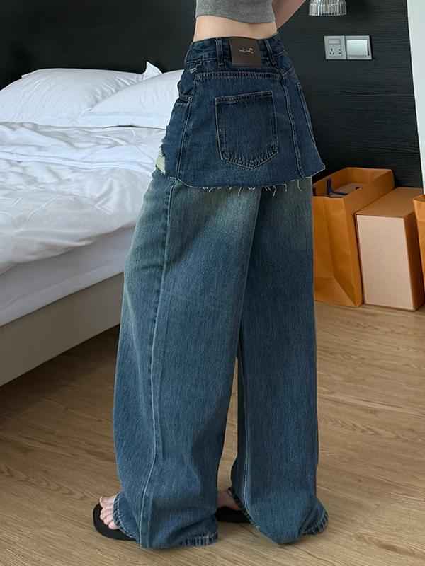 2026 Spring/Summer Women's High Waist Wide Leg Jeans with Faux Two-Piece Design