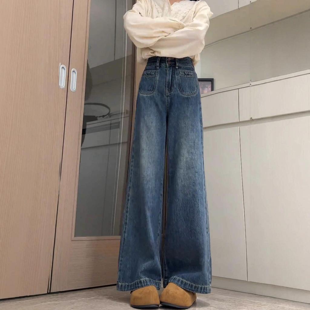 Retro Blue Wide-leg Jeans for Women's Autumn and Winter Velvet High-waisted and Thin Loose Straight Mopping Long Pants