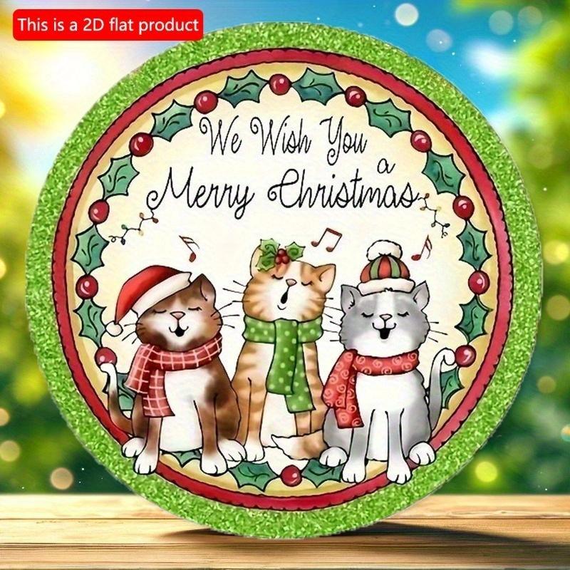 2d Flat 20*20cm, Christmas Home Decoration, Wooden Sign with Three Singing Cats, Circular Sign Decoration Board, for Home, Kitchen, Garden, Bedroom