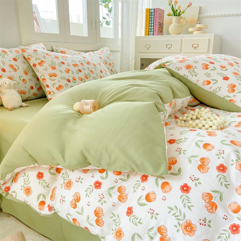 Class A Small and fresh 100% washed cotton 4pcs set, pure cotton polished quilt cover, single bed hat, student dormitory three 4-piece set