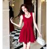 Red Sweet Wind Pure Desire To Show Thin Suspender Short Skirt French Bow Design Sense Temperament Waist Pleated Dress