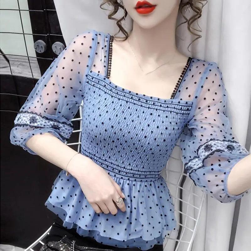 Síťované šití Vlnkový top Dámský zkrácený top Čtvercový výstřih Šifonová košile Elastické stažení vzadu Temperamentní Vílí styl Léto