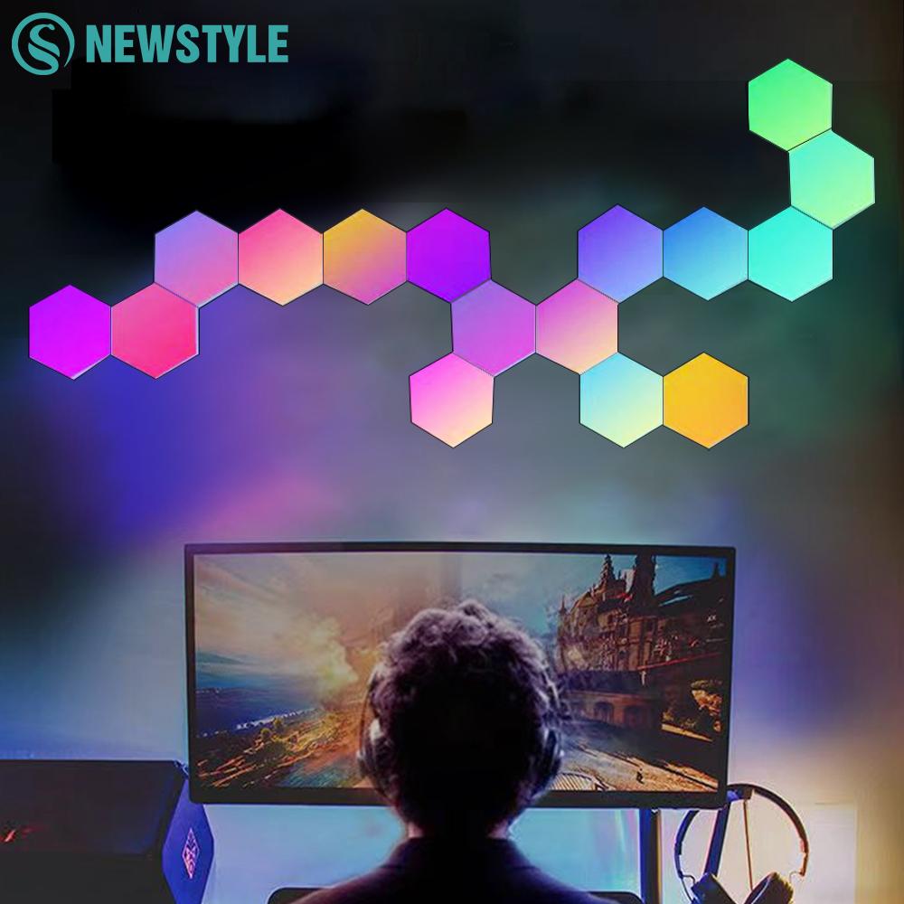 

RGB Шестикутна Квантова Лампа LED Розумні Настінні Світлові Панелі Керування через Додаток Пульт Дистанційного Керування Атмосферне Нічне Світло DIY Форма Декор Ігрової Кімнати 3 packs BT