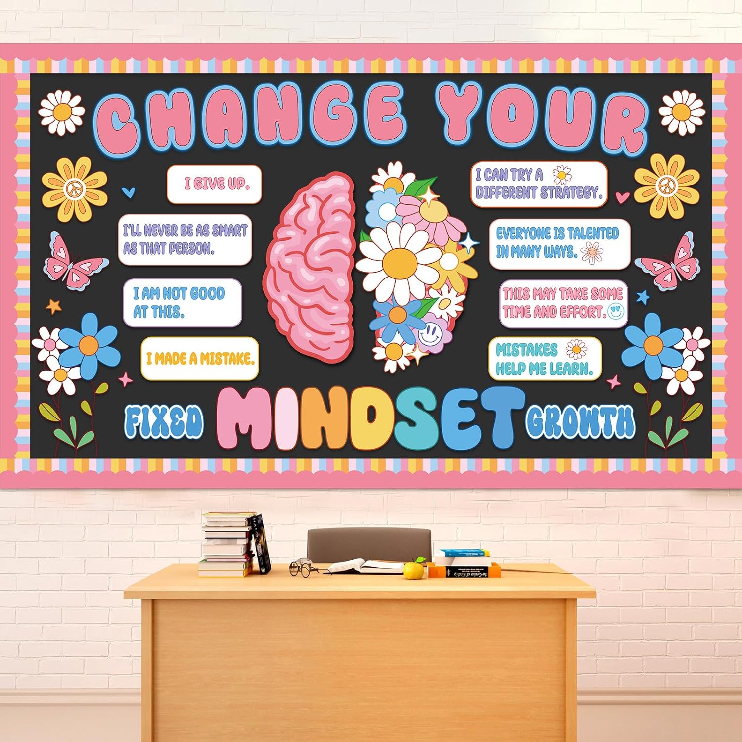 Growth Mindset Bulletin Board Classroom Decoration Flower Themed Change Your Mindset Bulletin Board Set Daisy Brain Cutouts Positive Sayings Posters Boho Hippie