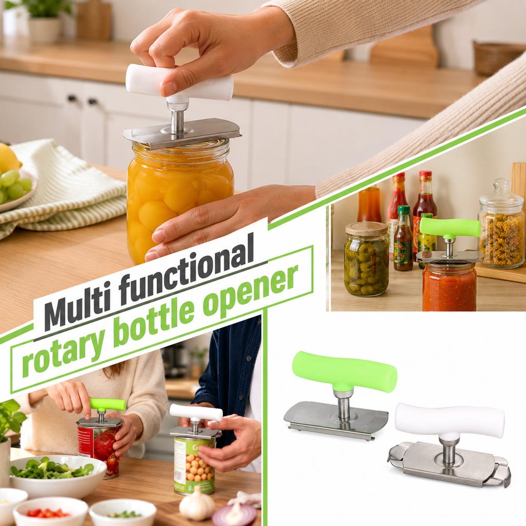 Multi-Functional Rotating Lid Opener Can Bottle Opener Stainless Steel Kitchen Tool Durable and Easy to Use for Various Jar and Bottle Sizes