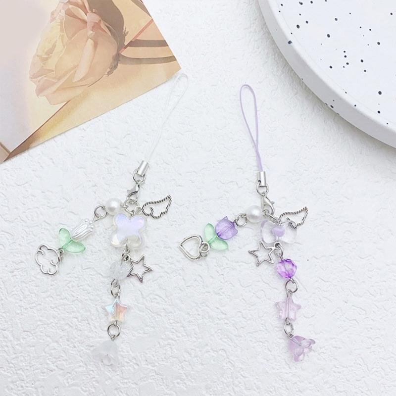 Sweet Bowknot Beaded Phone Charm Flower Chain Keychain Fashion Accessory Bag Pendant Keyring for Phones and Backpacks