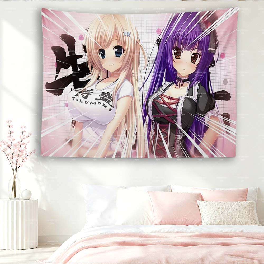 Nadesiko Revolution Anime Tapestry, Blonde & Purple Hair Twin Girls Pink Grid Manga Line Wall Hanging Otaku Room Decor