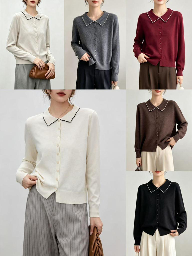 Women's Blue Doll Collar Contrasting Button Round Neck Long Sleeve Sweater - European American Autumn Style Knitwear