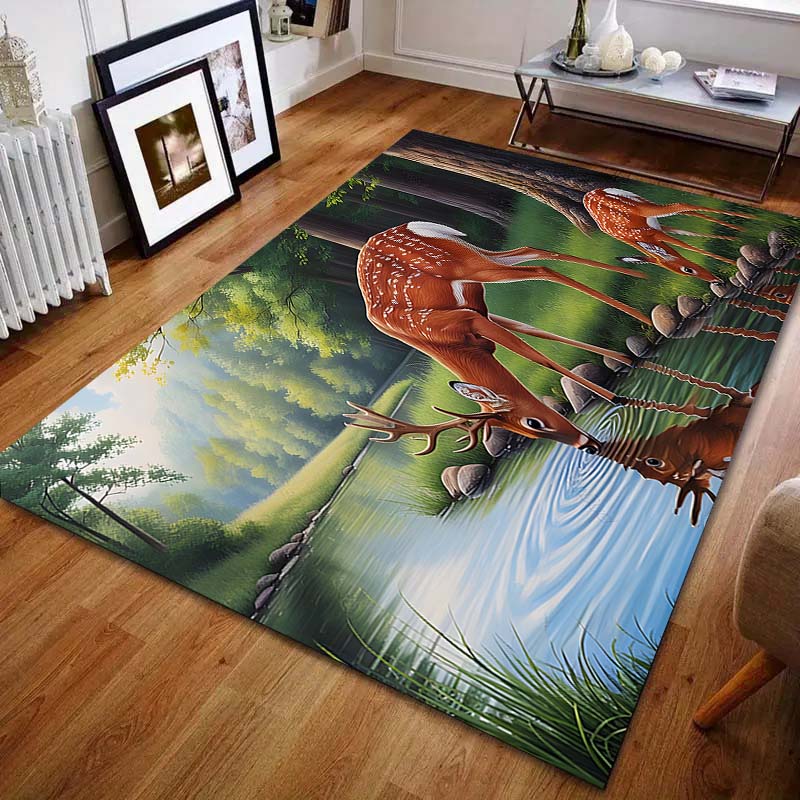 Rehkitz trinkt Wasser im Wald Druck Teppich für Wohnzimmer Schlafzimmer Bettseite Sofa Bodenmatte Moderne Heimdekoration Große Größe