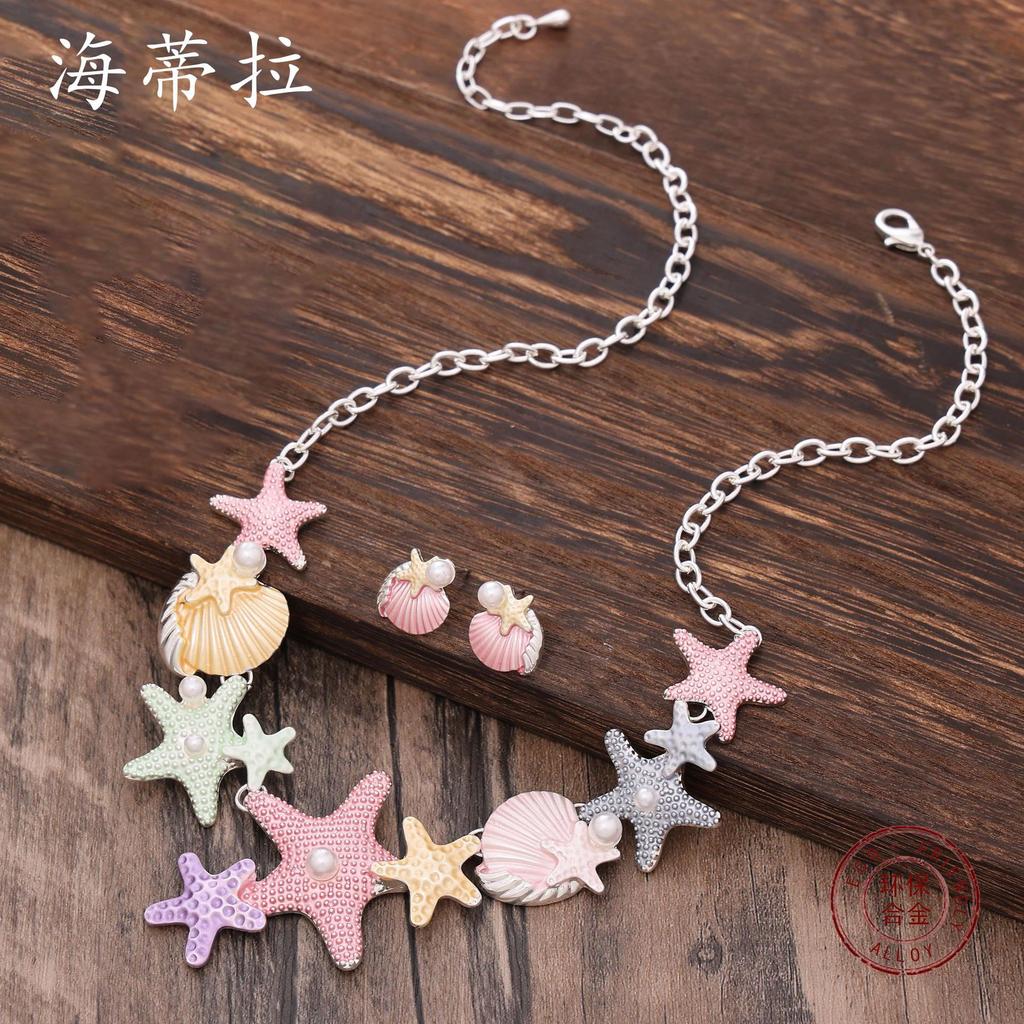 Peinture couleur huile mignon collier étoile de mer ensemble boucles d'oreilles clous, petit collier étoile de mer polyvalent pour femmes