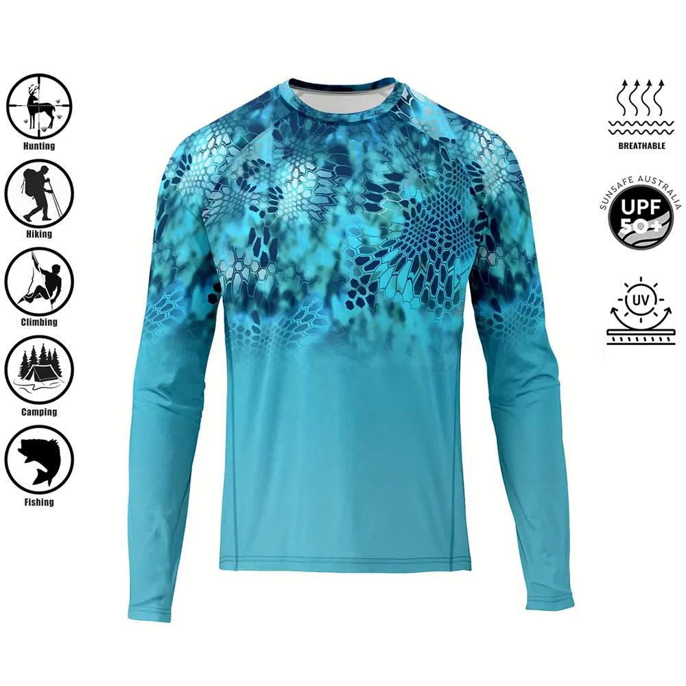 Herren Sommer Langarm Anglerhemd Schnelltrocknend Performance UPF 50+ UV-Schutz Blau Camouflage Oberteil