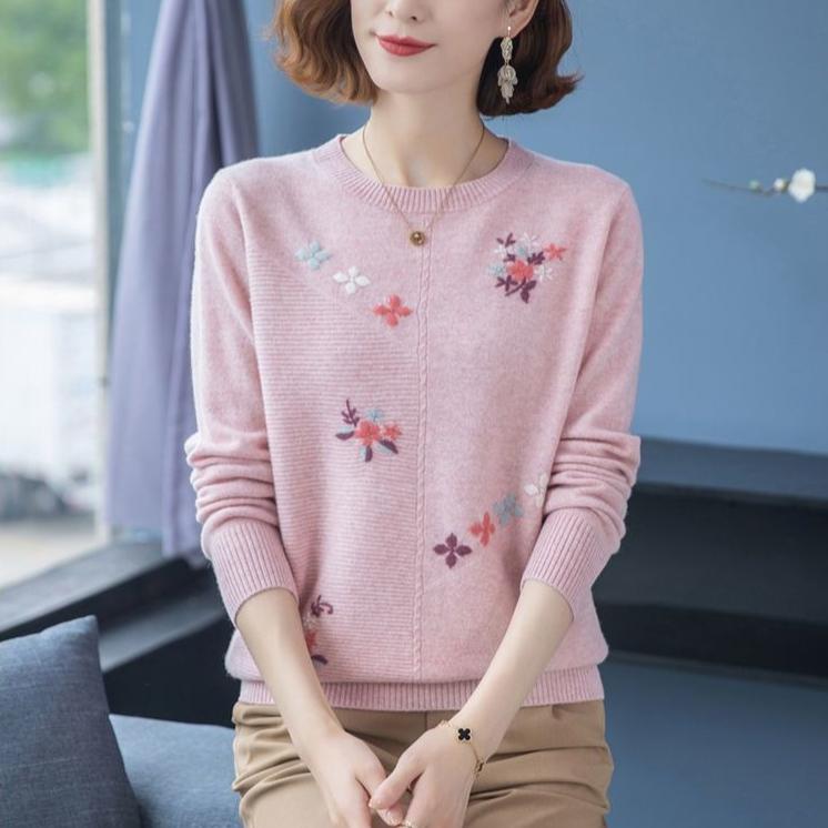 Women's Crew Neck Sweater Embroidered Loose Pullover Knitwear Soft Stretch Knit Top Spring Autumn