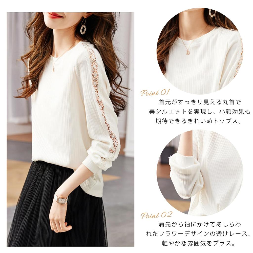 Long Sleeve Cut and Sewn Round Neck Lace Loose Plus Perfect for and Fall [MzcoYmm] Women's T-Shirt, Top, See-Through Sleeves, Embroidered, Pullover,