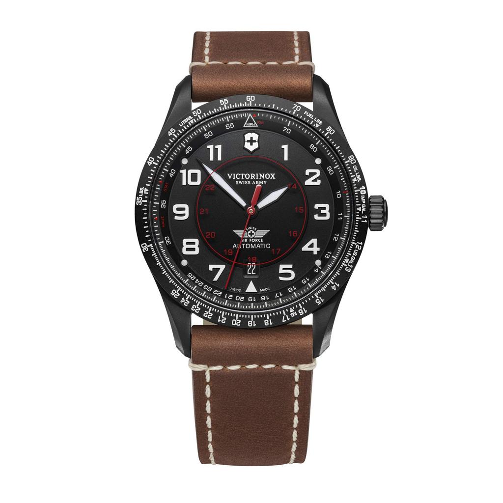 AIRBOSS Black Stainless Steel Case Black Brown Leather Gift 241886 [Victorinox] Watch, PVD-coated (316L), Dial, Strap, [