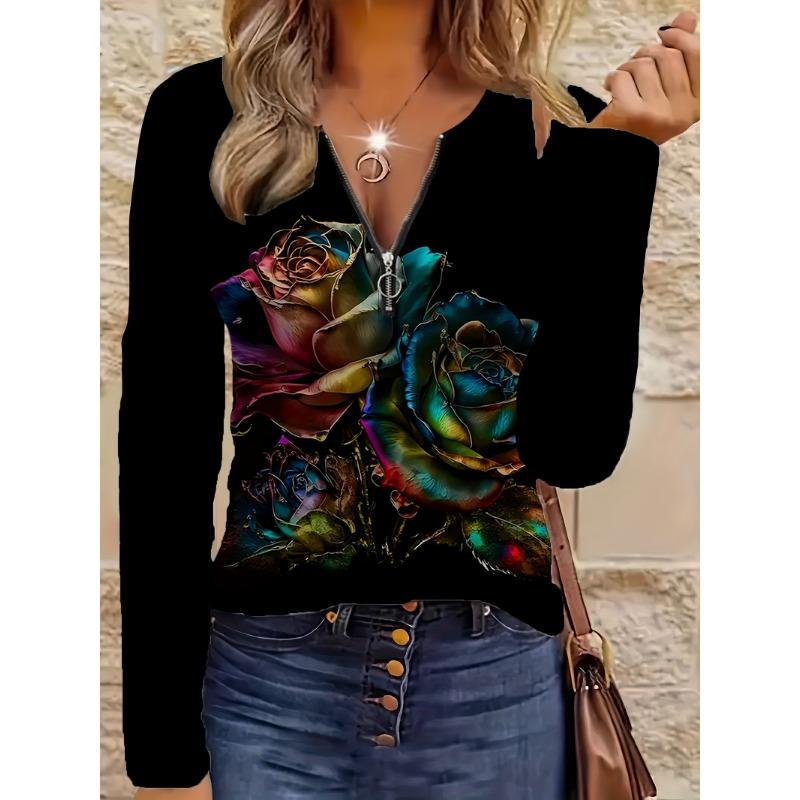 Flower element printed pattern coded women's garden collar zipper long sleeves