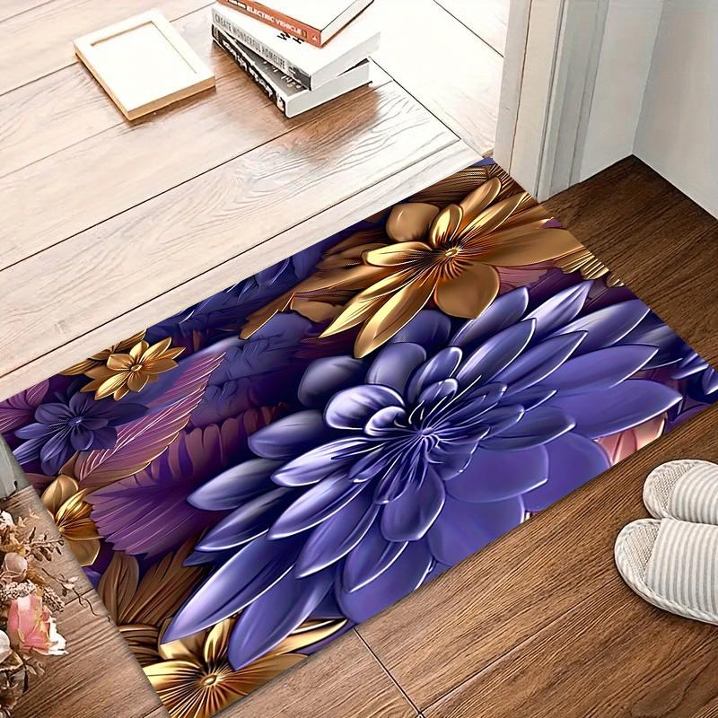 Non-Slip Carpet 3D Metallic Purple Gold Flower Rug Washable Carpets for Living Room Bedroom Durable Rugs Home Washroom Floor Mat