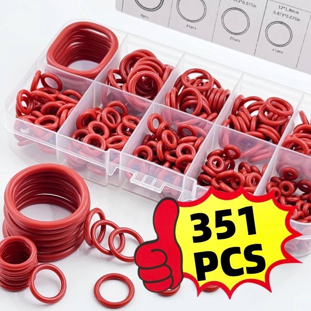 Set de 351 de O-ringuri Roșii din Silicon cu 10 Dimensiuni pentru Reparații Auto, Hidraulice și de Instalații Sanitare