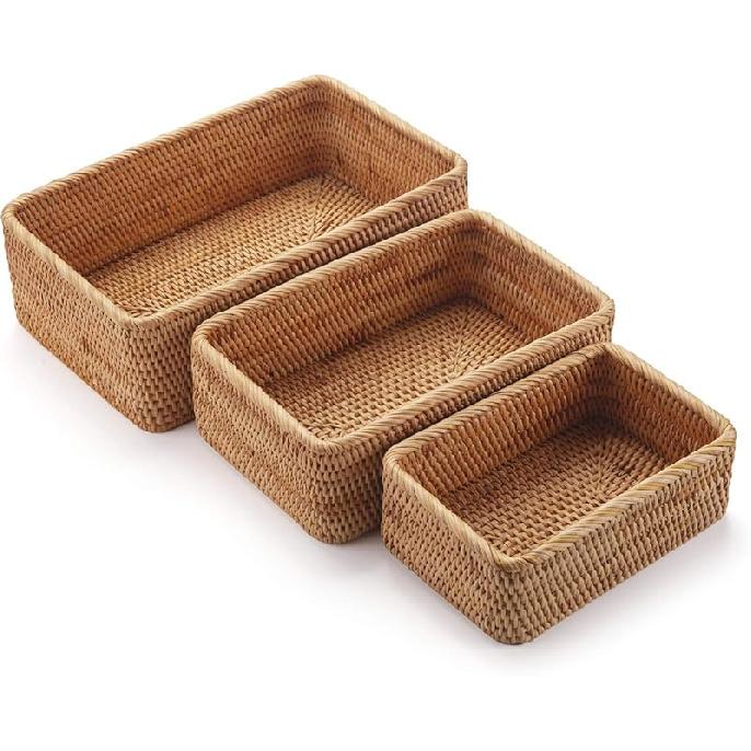 Round Rattan Fruit Baskets Woven Storage Bowls Key Holder Stackable for Shelf Kitchen Tabletop Natural Set of 3 Set of 3