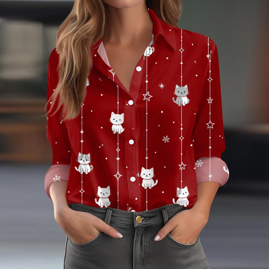 Women's Christmas Print Long Sleeve Casual Button Down Shirt Top