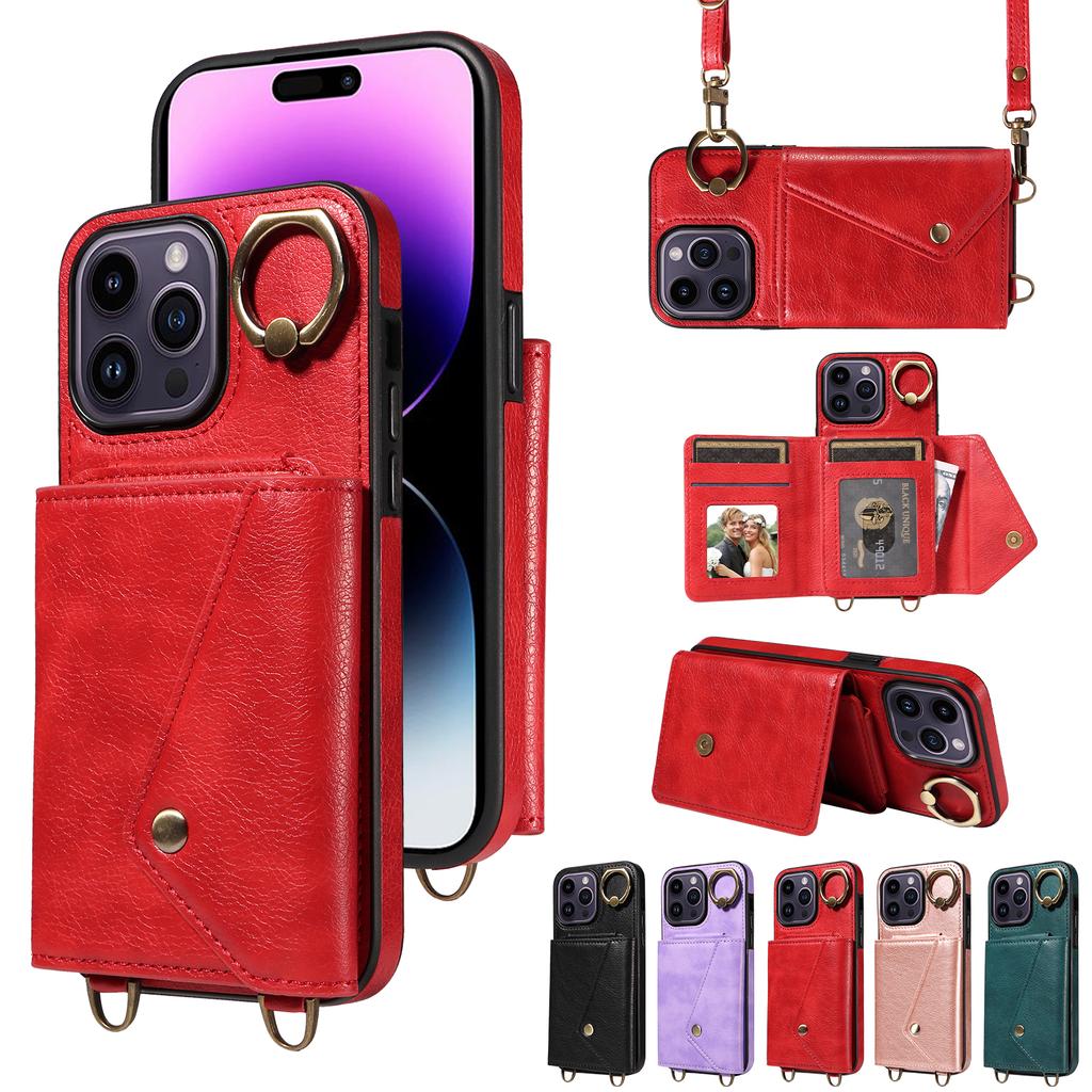 For iPhone 14 Series.for iPhone 14,14 Plus,14 Pro,14 Pro Max Shoulder Strap Rope Ring Bracket Design Card Holder Slots Lichee Pattern Cover Phone Case