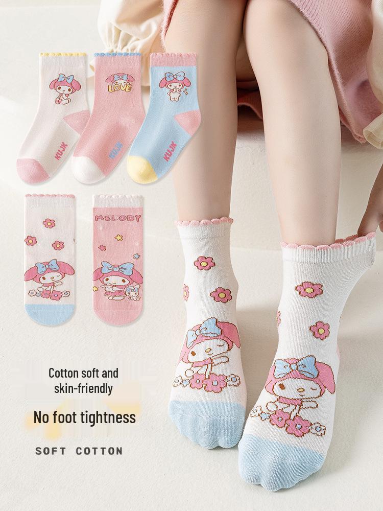 My Melody Girls' Cute Cartoon Mid-Calf Cotton Socks - Thin for Autumn & Winter