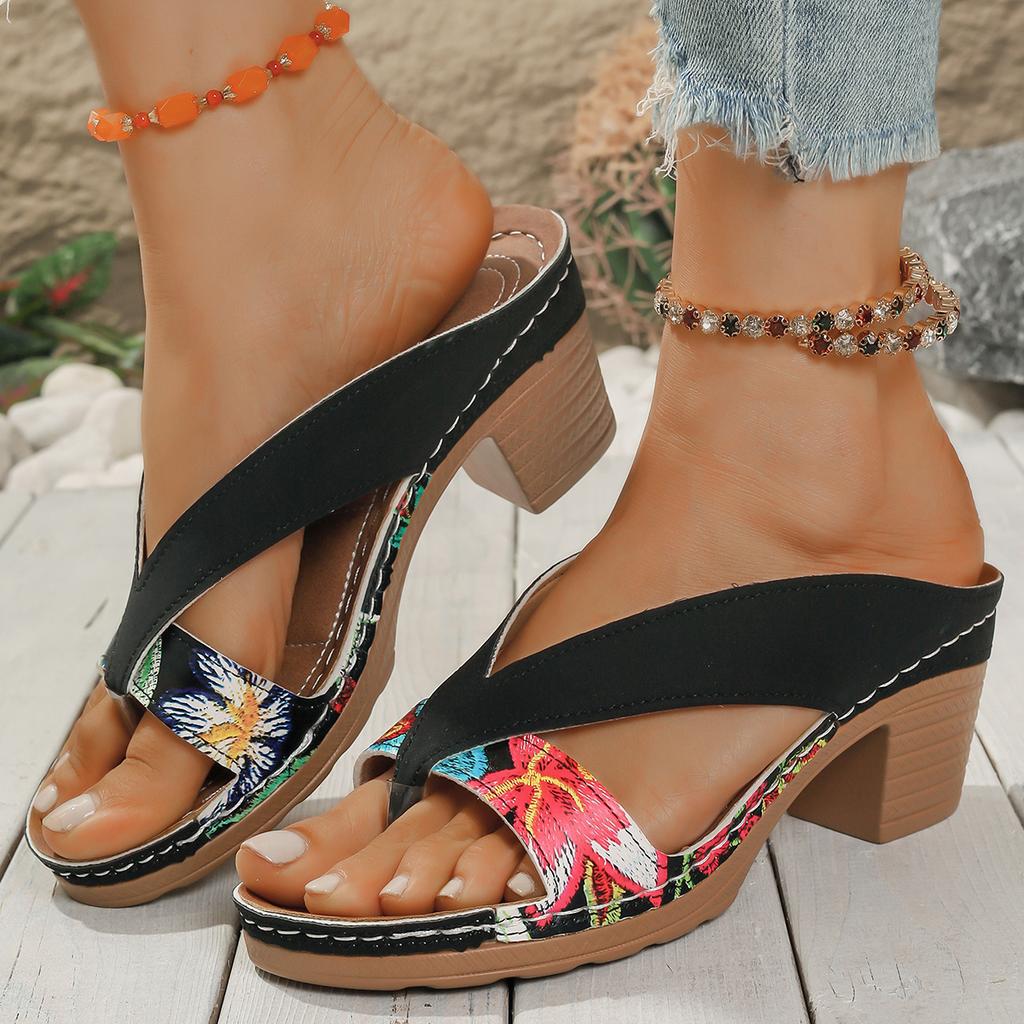 Fashion Women Peep Toe High Heels Sandals Summer Gladiator Shoes Chunky Heel Platform Women Sandals Flower Printing Ladies Heeled Shoes
