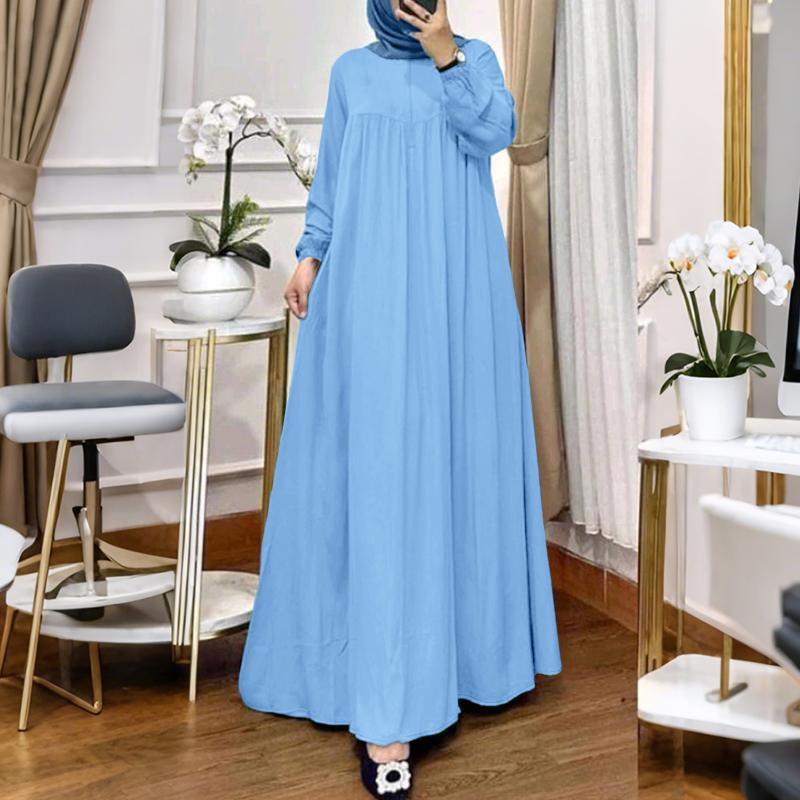 

ZANZEA Женское повседневное платье с круглым вырезом, однотонное, с длинным рукавом, в стиле ретро L синий