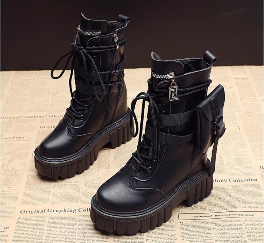 Winter 10Cm Warm Ankle Boots For Women Leather Short Boots Round Toe High Platform Fur Motorcycle Boots Thick Heel Sneakers Shoe