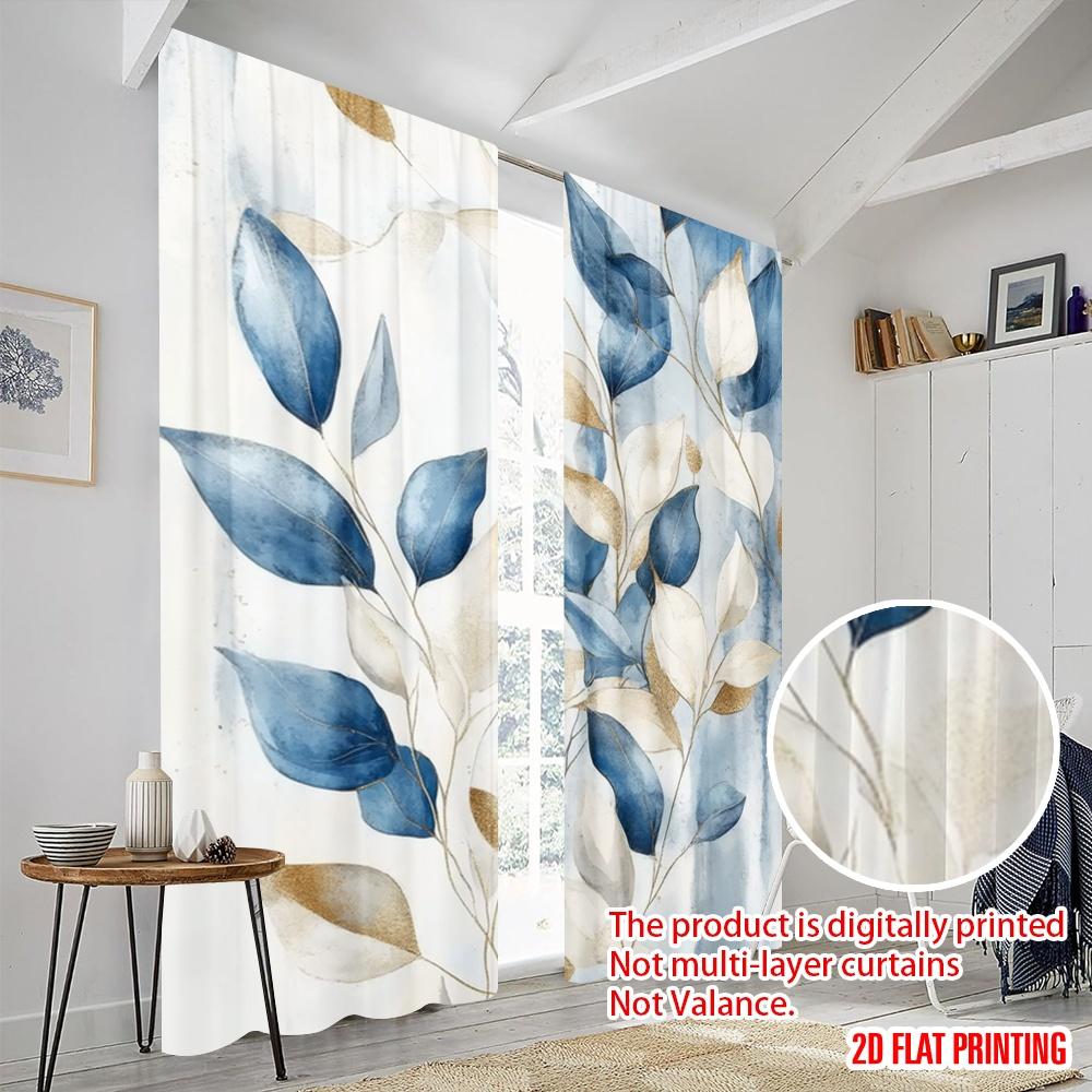2pcs  2D plane printing Window Curtain Blue Serenity Leaves Versatile Polyester Fabric (without rod) Versatile All for Bedroom