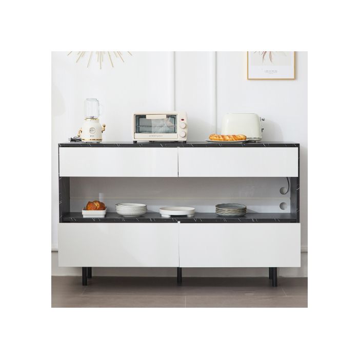 Buffet - MUVOE - 150x35x89,5 cm - Marbre noir - 4 tiroirs - Éclairage LED